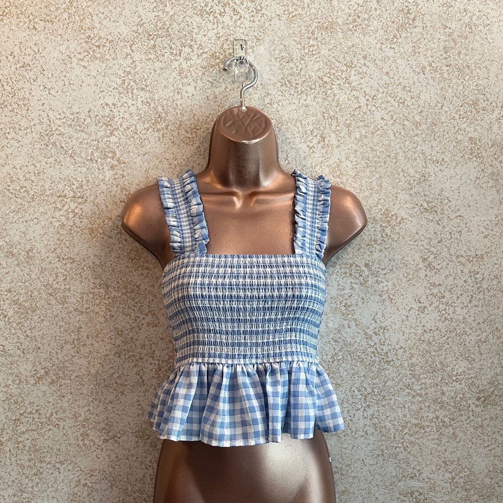 Forever 21 Blue Gingham Smocked Ruffle-Hem Crop Top